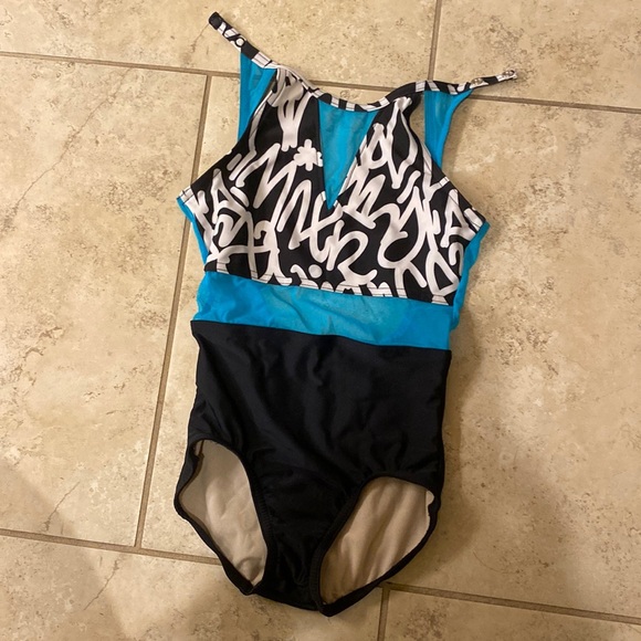 Black and Pink Dance leo; open back, snaps around neck. - Picture 1 of 5